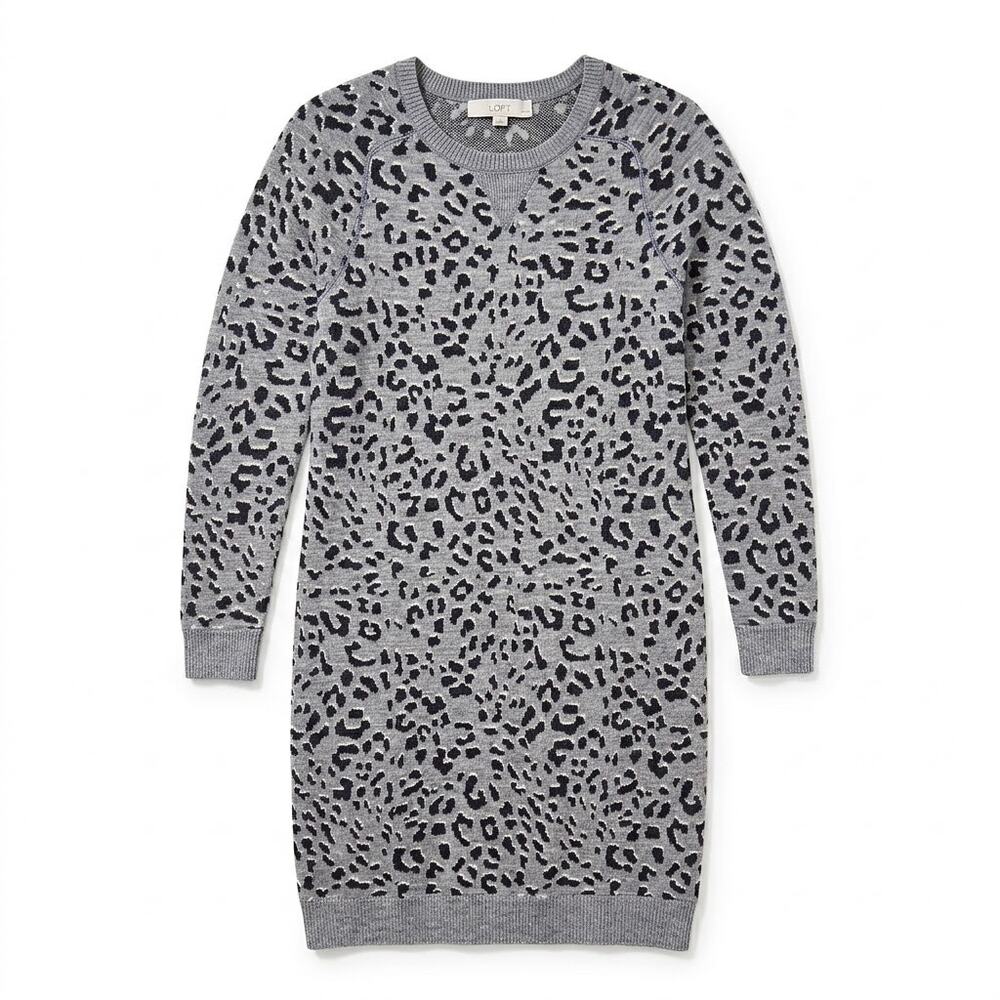 LOFT Leopard Print Sweater Dress Gray Long Sleeve Wool Womens Small Petite SP
